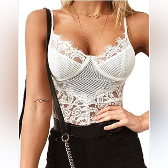 Mesh & Lace Teddy Bodysuit White Bachelorette Party Going Out Outfit Size S New - Picture 1 of 8